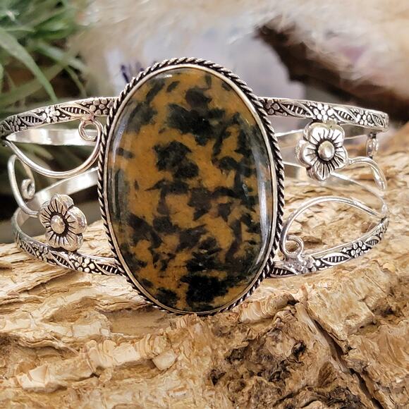 Wide Sterling Silver Cuff, Earthbound Spirit Jasper Cuff Bracelet - Picture 1 of 9
